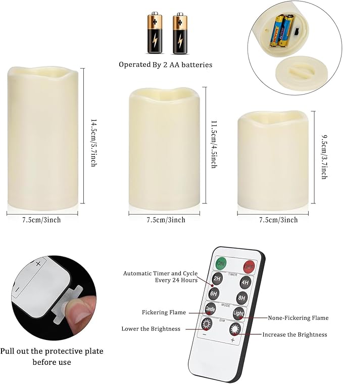 Flameless Candles 4" 5" 6" Set of 3 Ivory Outdoor Indoor Pillars 3" Diameter Battery Operated Flickering Candles Include 10-Key Remote Timer Function 400+ Hours Requires 2 AA Batteries（3 Pack)