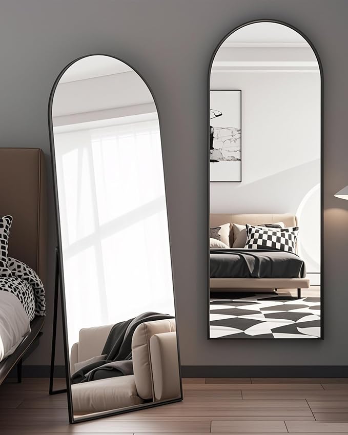 DMWOODFL 58"x18" Arched Full Length Mirror - Wall/Floor Mounted with Stand, Shatter-Proof Glass & Aluminum Frame, Large Body Mirror for Bedroom, Living Room, Entryway or Cloakroom, Black