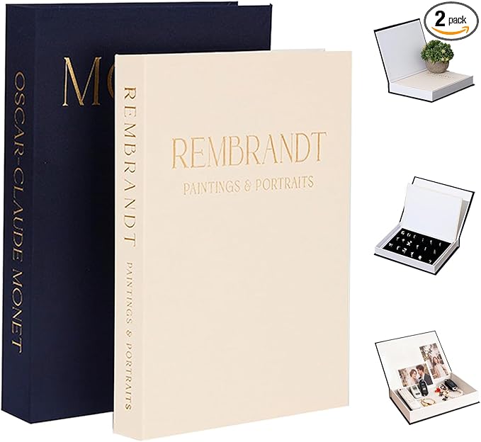 Decorative Books -Set of 2 Linen Covered Boxes Enhance Your Coffee Table,Bookshelf Decors,Aesthetic Fake/Faux Book for Modern Home Decoration, Jewelry Box and Photo Storage Box（Dark Blue and Beige）