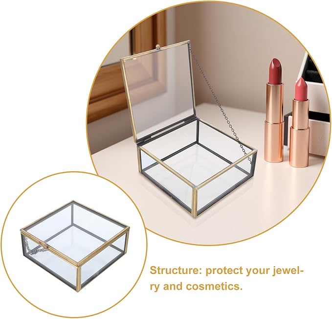Totority Vintage Glass Jewelry Box with Alloy Frame, Retro Trinket Organizer for Perfume and Makeup Storage, Dustproof Display Case for Home Vanity and Desktop