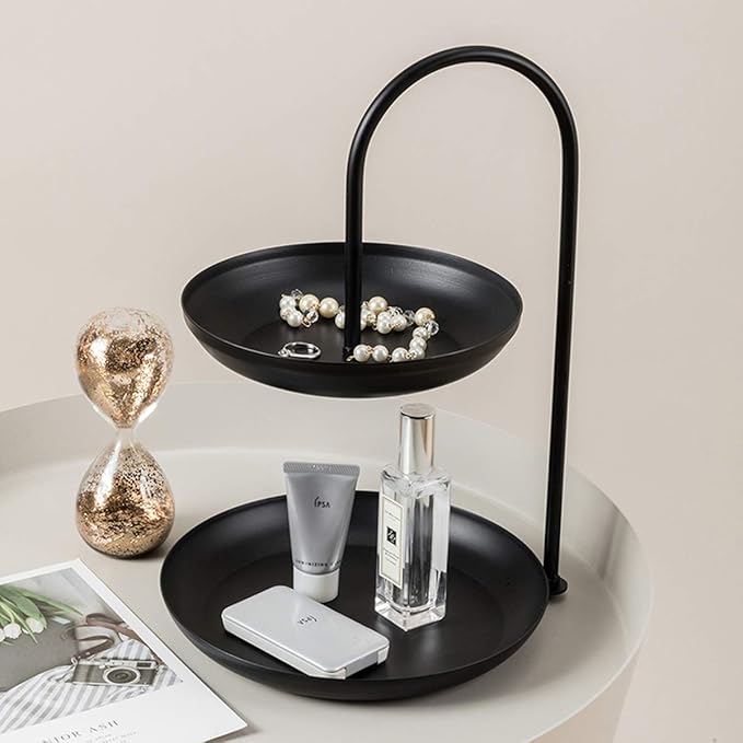Besttimes Two Tired Makeup Jewelry Organizer Tray Bathroom Home Decorative Metal Vanity Tray(Black)