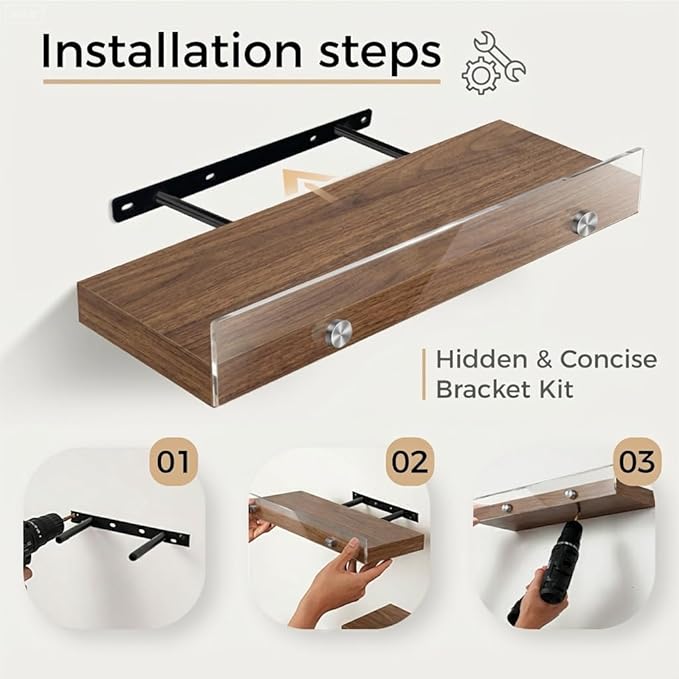 Wood Floating Shelves with Acrylic Front Lip, Rustic Shelf 15.7 inch, Floating Shelf for Wall Mounted Set of 3, Wide Wooden Wall Shelves for Living Room Bedroom Kitchen Bathroom, Brown, 15.7W x 5.8D