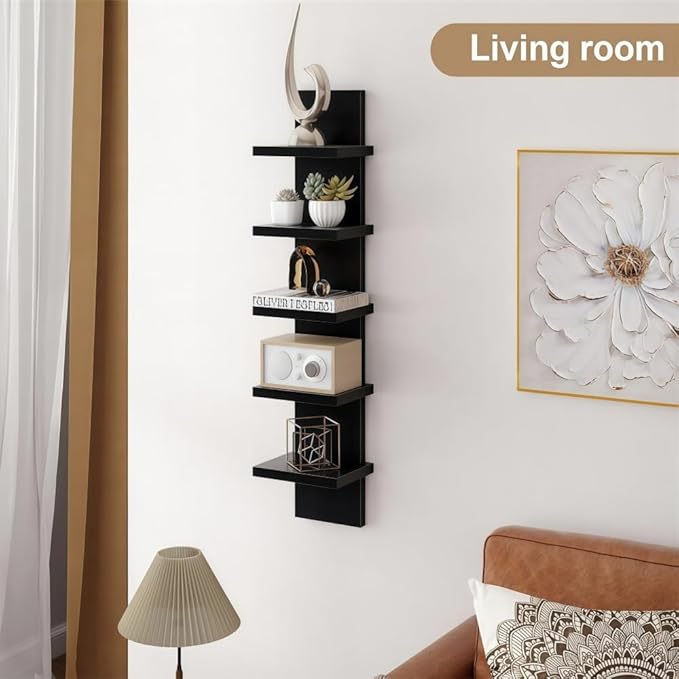 5 Tier White Wall Shelves - Vertical Column Floating Storage Organizer, Tall Tower Design Utility Shelving for Home Decor, Bedroom & Living Room, 30.7" x 31"(Black)