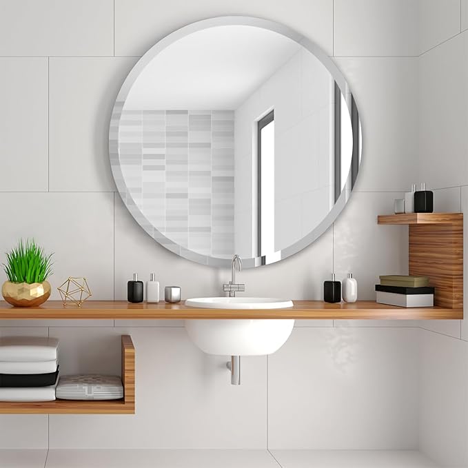 28 Inch Round Frameless Bathroom Mirror, Beveled Round Mirror, Circle Vanity Mirror with 1" Beveled Edge for Bathroom, Entryways, Living Room