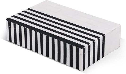 Handicrafts Home Large Decorative Storage Box with Lid – Black White Modern Storage Box, Remote Control Organizer for Coffee Table, Console & Living Room Decor – Mono Lead 12 x 6 x 2
