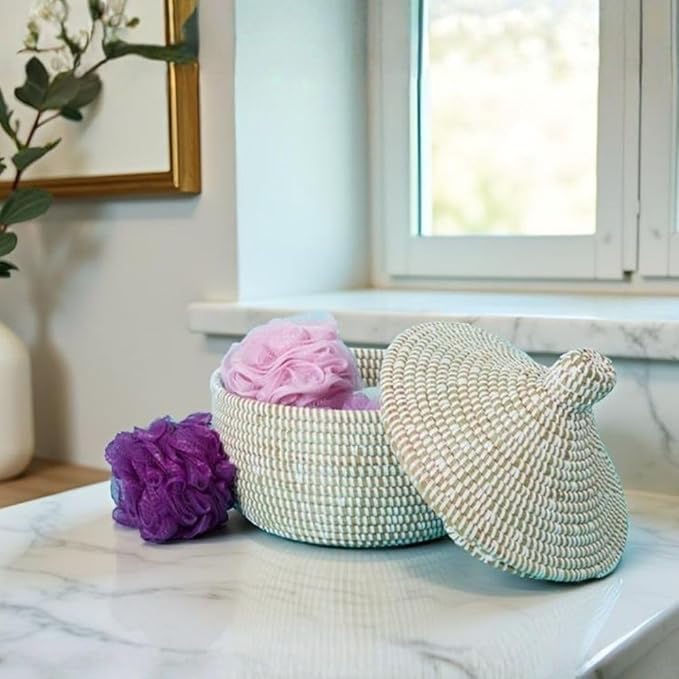 Small Storage Basket with Lid, White, Hooded Lid, 10 Inch Wide