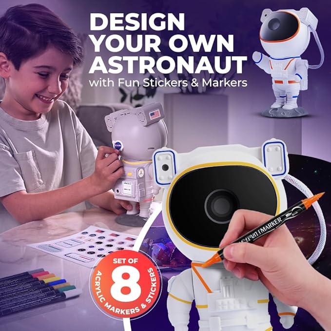 Mind-Glowing Color My Astronaut Galaxy Projector - DIY Spaceman Night Light with Acrylic Markers Kit - Paint Your Own Lamp - Unique Birthday Gift for 5-10 Year Old Boys