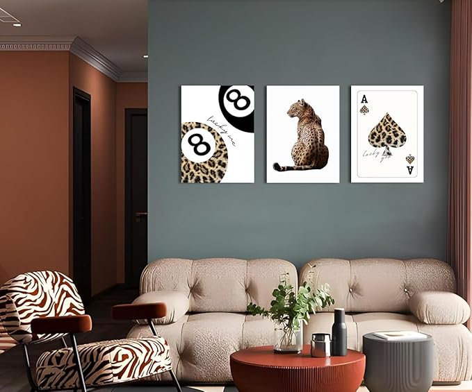 Trendy Leopard Canvas Wall Art Set of 3 - Cheetah Prints Wall Decor Pictures, Funky Lucky You 8 Ball Poster Preppy Aesthetic Paintings, for Girls Bedroom Dorm Apartment 12x16 inch Framed