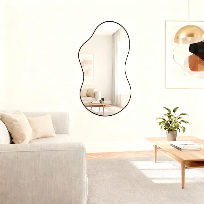Itrue 26x46 Inch Black Framed Irregular Tempered Glass Wall Mirror, Asymmetrical Vanity Mirror for Bathroom, Bedroom, Entryway