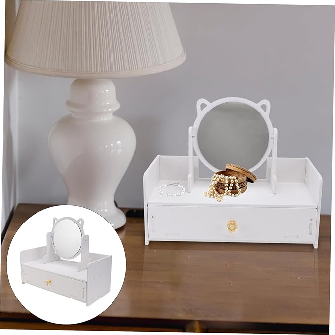 SHERCHPRY 1Pc Rotatable Desktop Makeup Mirror with Storage Drawer Girl Cosmetics Organizer Box for Vanity Countertop Clear Smooth Reflective Surface Material