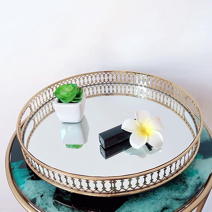 Mirrored Vanity Tray Gold Metal Perfume&Makeup Organizer Vintage Jewelry Display Storage Elegant Table Centerpiece Decorative for Dresser,Bedroom,Home Decor (Round)