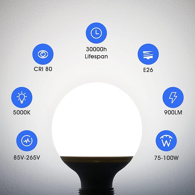 Flaspar G25 LED Vanity Light Bulbs, 100W LED Globe Bulb Equivalent, 9W Vanity Bulbs for Bathroom, 5000K Daylight White 900LM, E26 Base Round Makeup Mirror Bathroom Lights Bulb Décor Lighting, 4 Pack