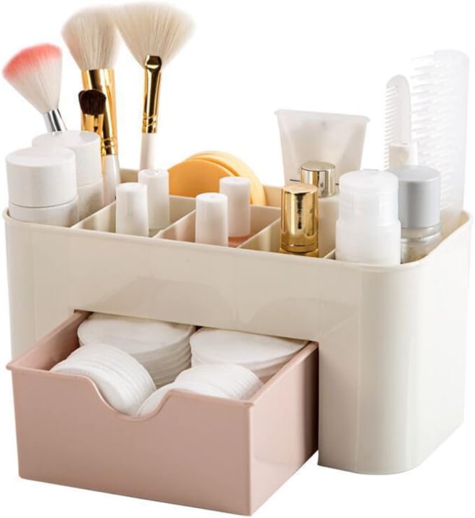 6 Compartments Cosmetics Makeup Organizer Cosmetic Storage Box with Drawer Multifunctional Makeup Desk Organizer for Home Bathroom(Pink)