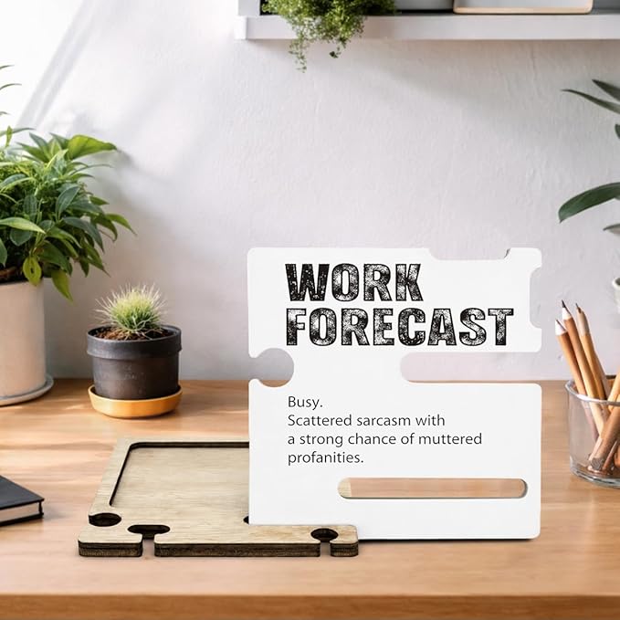 Funny Office Gifts for Coworkers Boss Employee - Multi-functional Desk Organizer - Humorous Work Forecast Office Quote Wooden Sign for Office Desk Shelf Decor