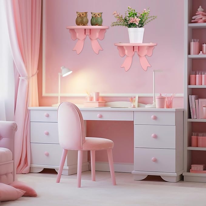 Pinkunn 2 Pcs Bow Floating Shelves Kawaii Shelf Book Stand Farmhouse Rustic Corner Wall Shelf Wooden Bow Tie Rack Princess Room Decor for Nursery Home Bedroom Office Wall Decor(Pink)