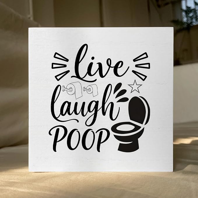 Funny Rustic Bathroom Decor Wooden Box Sign 5x5 Inch - "Live, Laugh, POOP" Humorous Restroom Shelf Wall Countertop Ornament, Farmhouse Style Decor for Guest Bathroom & Housewarming Gif