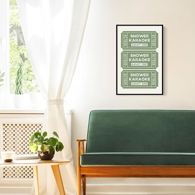 Sage Green Shower Karaoke Wall Art, Trendy Admit One Ticket Canvas Poster, Funny Bathroom Wall Art Print, Cute Quotes Wall Decor for Restroom Guestroom 8x12in Framed