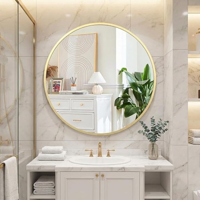 GarveeHome Gold Circle Mirror for Bathroom, 24 Inch Aluminum Alloy Frame Round Mirror, High Definition Eco-Friendly Round Bathroom Mirror for Over Sink, Wall Mirror for Entryway, Bathroom, Vanity