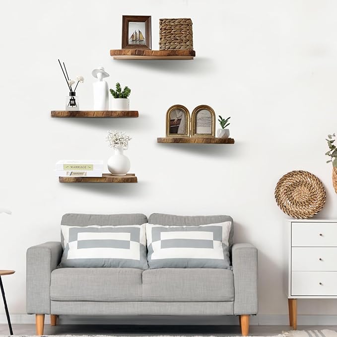 Pinkunn 4 Pcs Floating Shelves for Wall Wooden Live Edge Shelf Wall-Mounted Natural Solid Wood Bedroom Kitchen Storage Living Room Nursery Decor (23.6/15.8/7.9 Inch)