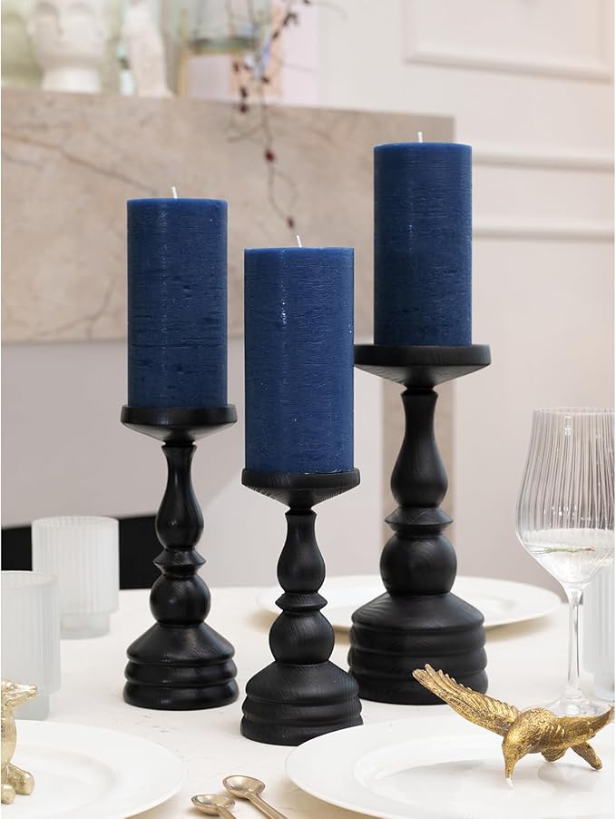 CANDWAX Large Pillar Candles 3x6 Inch – Set of 3 Unscented Dripless Dark Blue Candles, Rustic Finish for Weddings, Home Interior, Centerpieces