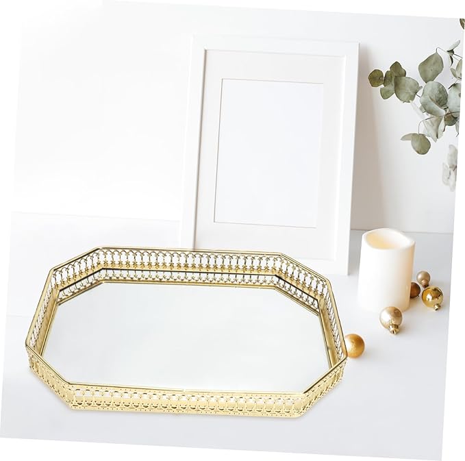 Garneck Nordic Style Mirror Jewelry Storage Tray Glass Makeup Organizer Polygonal Metal Plate Decorative Cosmetics Display for Home Decor