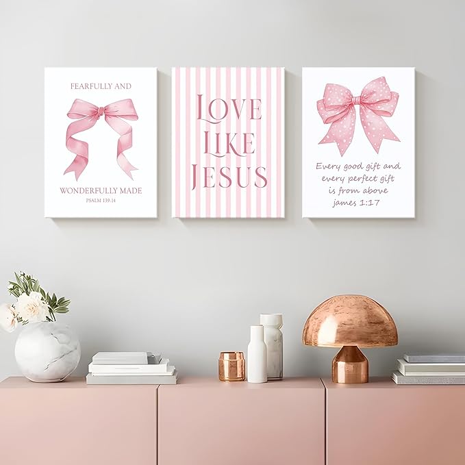 Dytila 3 Piece Pink Bows Wall Art for Girls Room, Bible Verse Pictures Bathroom Decor, Coquette Wall Artwork, Cute Teen Room Decoration, Dorm Decor for College, College Gifts for Girls 16x24 Inch