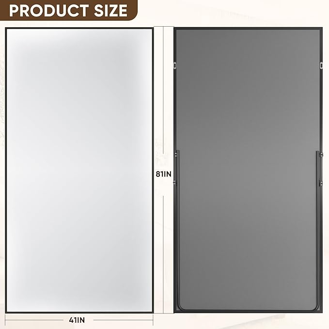 Antok Full Length Mirror, 81"x41" Floor Mirror with Stand, Hanging Mounted Mirrors for Bedroom, Living Room, Cloakroom, Dining Room, Black, Rect