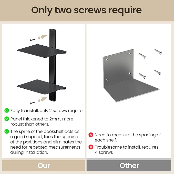 Floating Book Shelves for Wall, 2 Tier Invisible Floating Bookshelf, Vertical Spine Book Tower, Wall Mounted & Space Saving, Heavy Duty Metal Book Organizer for Home Office, 1 Pack Black
