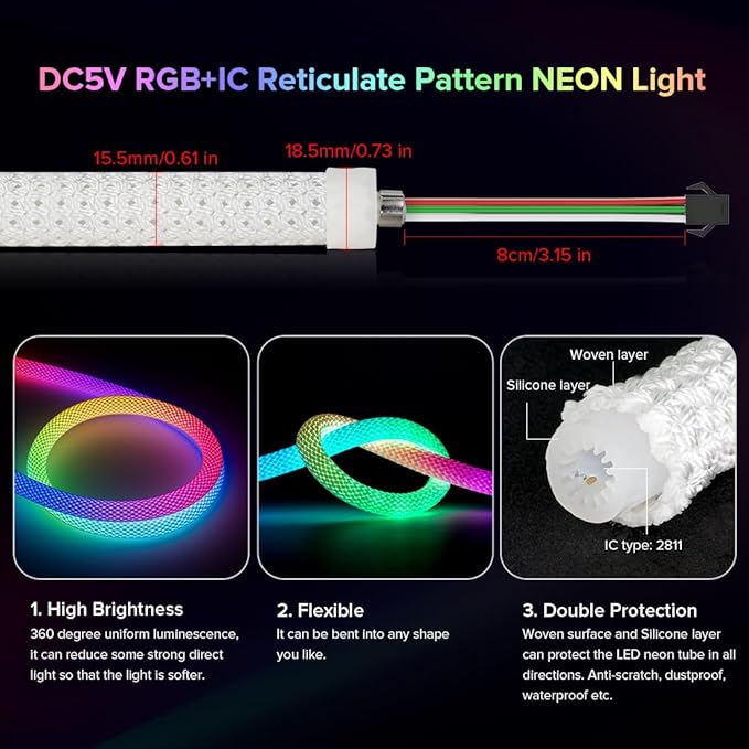 BTF-LIGHTING 13.1FT WS2811 WS2812B IC RGB DC5V 360 Degree Round Reticulate Chasing Color Neon LED Strip Kit Bluetooth Controller Flexible Silicone IP67 Waterproof Rope Light for Home Decor(No Adapter)