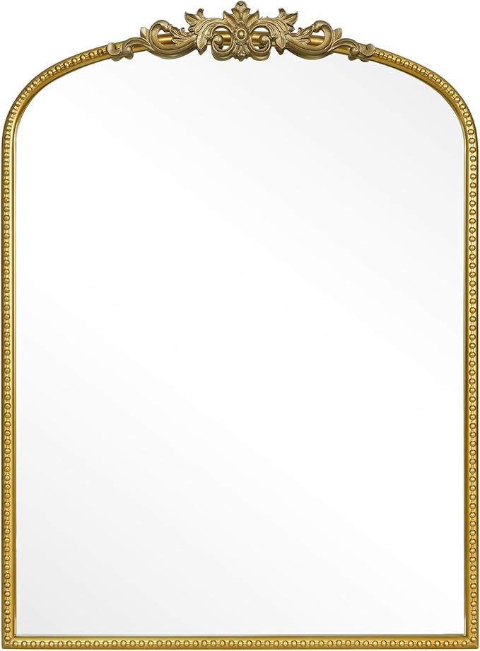 WallBeyond Gold Vintage Mirror for Vanity 24x32 Inch, Gold Antique Mirror with Ornate Frame, Arched Vintage Wall for Bathroom, Living Room, Fireplace, Entryway