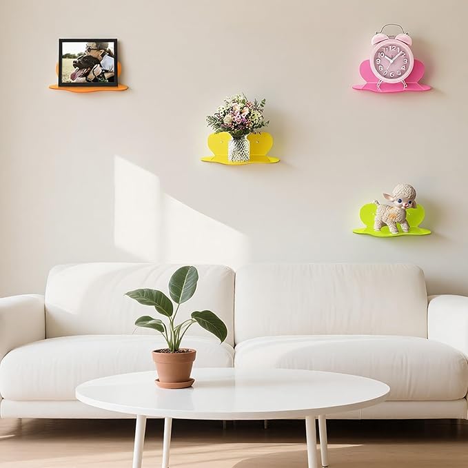 4 Pack Acrylic Shelves for Shelf Acrylic Floating Shelves Wavy Colorful Room Decor Cute Wall Decor for Toy,Makeup,Figure,Nail PolishWall Organizer for Bathroom, Bedroom, Living Room