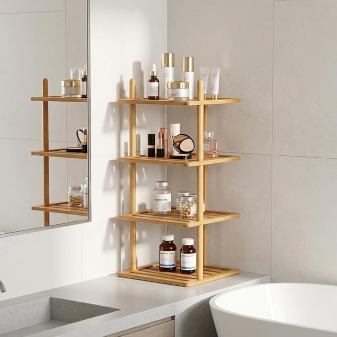 Expandable Bamboo Corner Shelf - Dish/Plate Organizer for Cabinet, Kitchen Counter Shelf & Small Kitchen Shelf, Adjustable (1, 4Tier-Large-6.7" H)