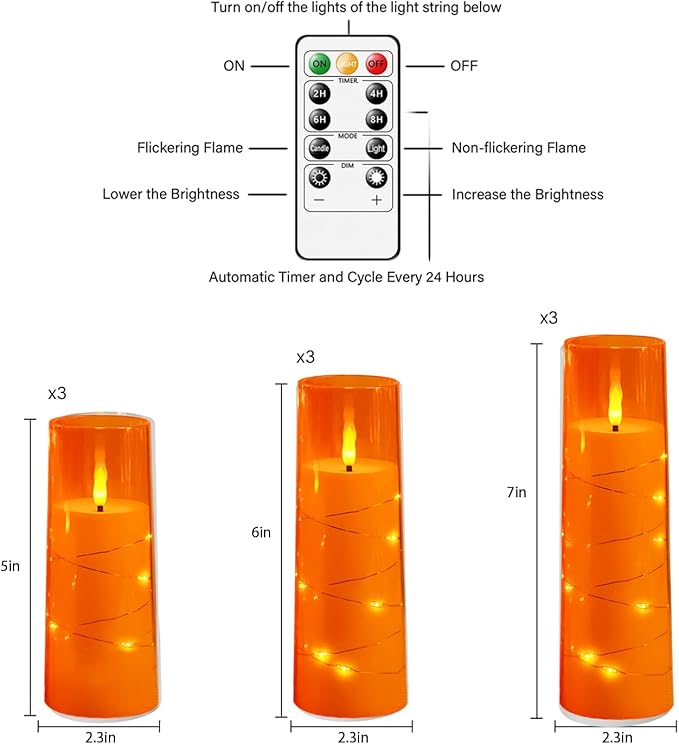 kakoya Flameless LED Candles with Timer 9 Pc Flickering Flameless Candles for Romantic Ambiance and Home Decoration Stable Acrylic Shell,with Embedded Star String，Battery Operated Candles（Orange）