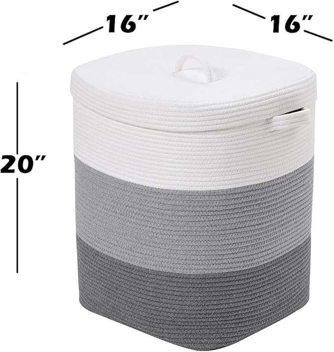 16”x16”x20” Rectangular Extra Large Storage Basket with Lid, Cotton Rope Storage Baskets, Laundry Hamper, Cloth Bin, for Clothes Towels Blankets Storage in Living Room, Light Grey/Grey