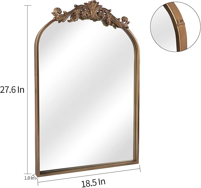 HQiJun Wall Mirror Window Decorative Traditional Vintage Ornate Baroque Mirrors Antique Arched Farmhouse for Living Room Bedroom Entryway Bathroom Vanity (27 * 19 * 1.2, Gold)