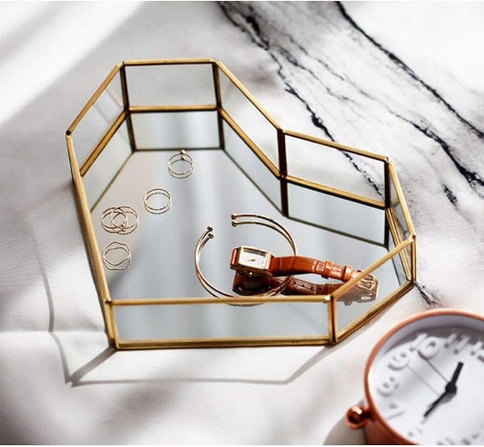 Heart-Shaped Vintage Gold Mirror Glass Vanity Tray,Ornate Geometric and Brass Plated Display Storage Organizer for Makeup Brushes/Lipstick/Skincare/Perfumes/Beauty Room/Bathroom Accessories