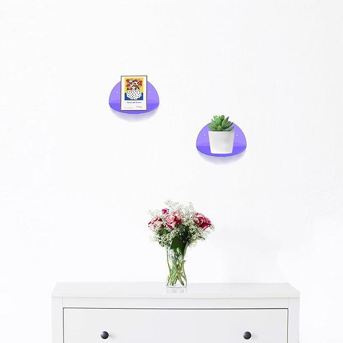 ROYALITA Small Acrylic Shelves Room Decor Floating Shelves (2-Pack, 8-inch Diameter) - Wall Mounted Display Stand for Plants, Toys, Makeup, and More - Ideal for Home and Office, Purple