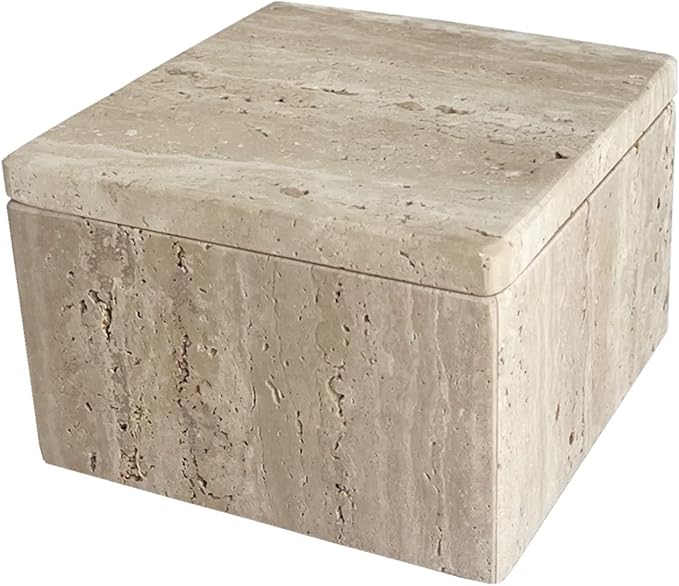 Natural Marble Ring Jewelry Box Cotton Swab Storage Box with Lid Storage Box (Travertine)