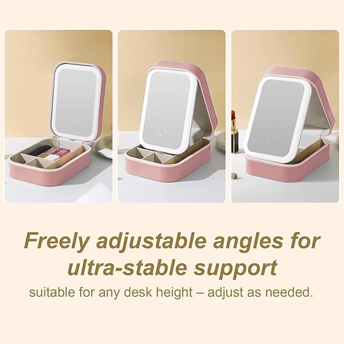 Portable LED Makeup Bag with Adjustable Light-Up Mirror - Three-Color Lighting | Dust-Proof Cosmetic Case with Multi-Compartment Storage and Jewelry Organizer (Pink)