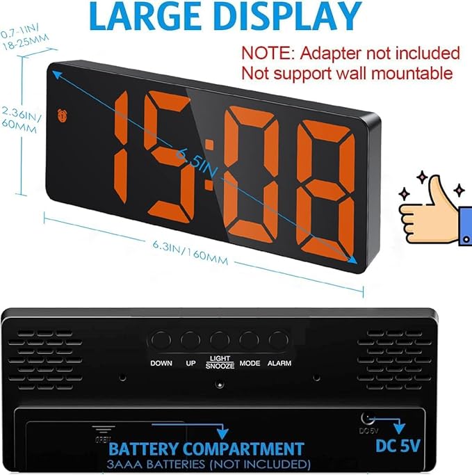 AMIR Digital Alarm Clock, LED Clock for Bedroom, Electronic Desktop Clock with Temperature Display, Adjustable Brightness, Voice Control, 12/24H, 6.3" Large Display for Home, Bedroom, Office
