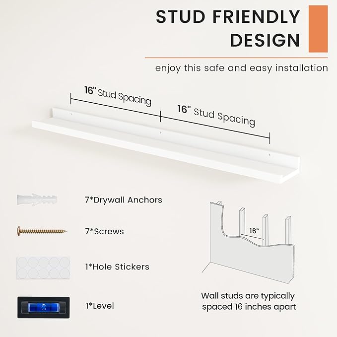 FLYJOE Picture Ledge Shelf, Floating Shelves Set of 2, 40 Inches Nursery Book Shelves for Toys Storage, Kids Bookshelf Wall Mounted for Living Room Bedroom Decor Books Photo Frames, White