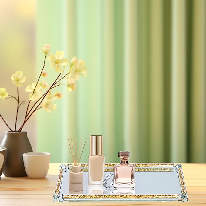 Glass Perfume Tray, 13.8" x 5.9" Golden Crystal Mirror Perfume Tray for Vanity Jewelry Trinket Cosmetic Makeup Display Serving Trays for Dresser Crushed Diamond Home Decor Countertop Organizer
