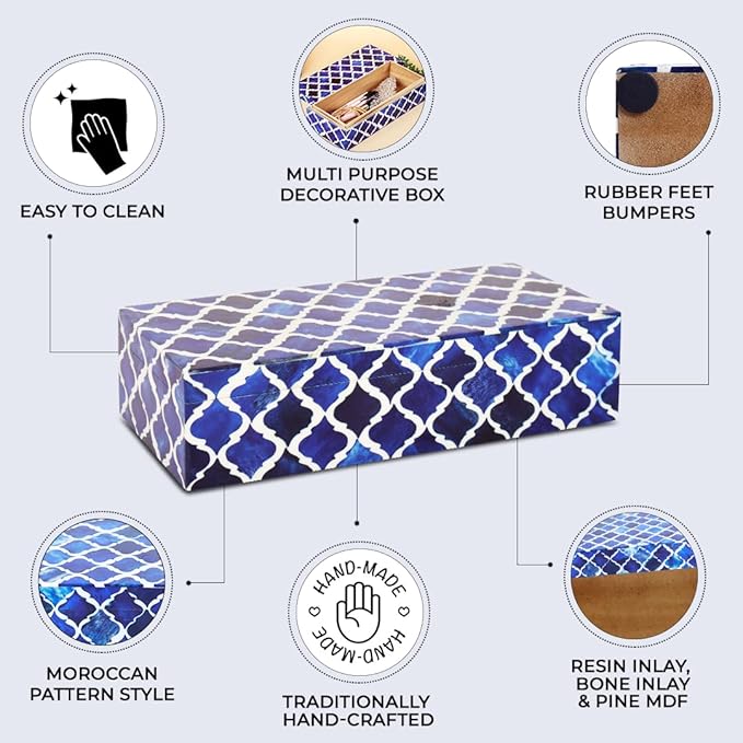 Handicrafts Home Decorative Storage Box with Lid, Moroccan Coffee Table Storage Box Organizer, Wooden Keepsake Jewelry Box, Decorative Desk Console Storage Box, Blue, 10 x 4.5 x 2.5
