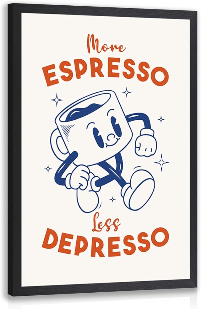Cyebmo Black White Coffee Wall Art, More Espresso Less Depresso Wall Decor, Funny Coffee Canvas Painting, Cute Cartoon Cafe Cup Poster Print for Kitchen Office Cafe Bar, Wood Framed 16x24 Inch