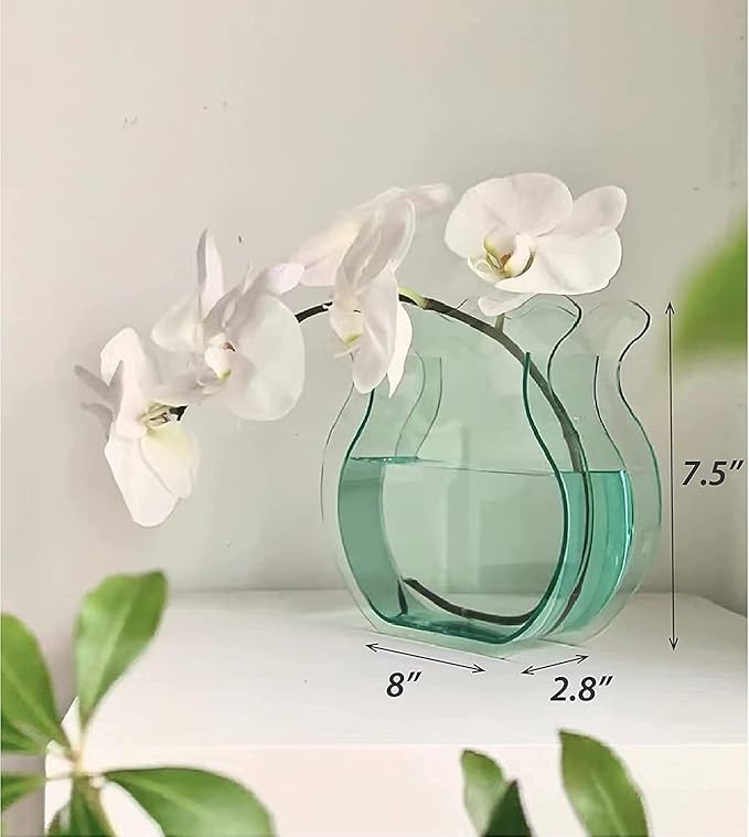 Acrylic Flower Vase Fish Tank for Small Goldfish Make-up Brush/Pen Holder Elegant Modern Contemporary Design Vase for Home Office Wedding Decor (Green Glass, Flower)