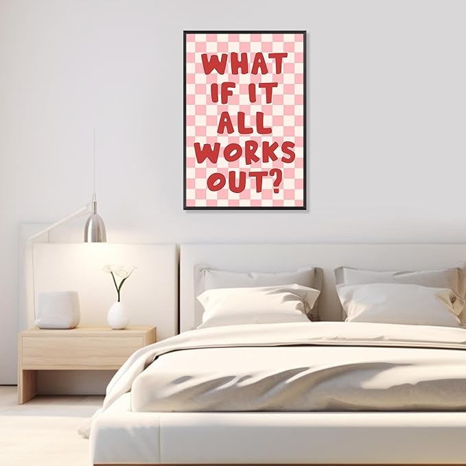 What If It All Works Out Wall Art Daily Positive Affirming Quote Posters Minimalist Pink And White Checkered Room Aesthetic Paintings For Home Bedroom Dorm Wall Decor 24x36in Framed