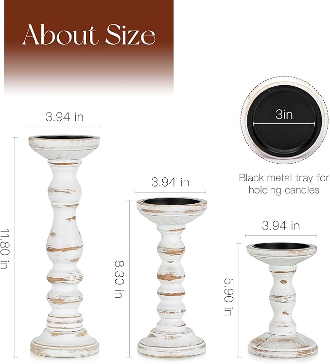Candeldo Wood Candle Holders for Pillar: Rustic Candles Holder Set of 3 Tall Table Centerpiece Decor Wooden White Farmhouse Decorations for Fireplace Mantle