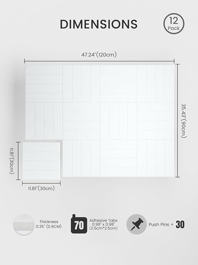 Bumusty Large Cork Board Alternative-48 x 36" Felt Bulletin Board Tiles, with 30 Pushpins, 70 Adhesive Tabs, Bold-Stripe 12-Pack, Cork Boards for Office Push Pin Board Felt Board-Cold White