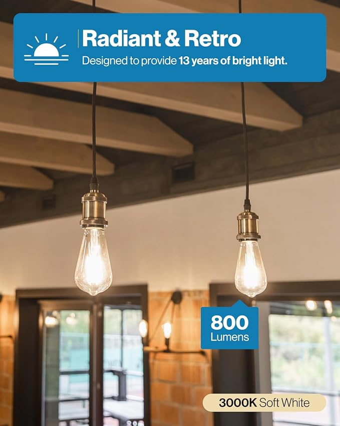 Sunco 20 Pack Edison Bulbs LED ST64, Clear Vintage Filament Waterproof Bulb, 800 LM, 8W (60W Equivalent), ST19, 3000K Warm White, E26 Medium Base, Decorative Dimmable UL