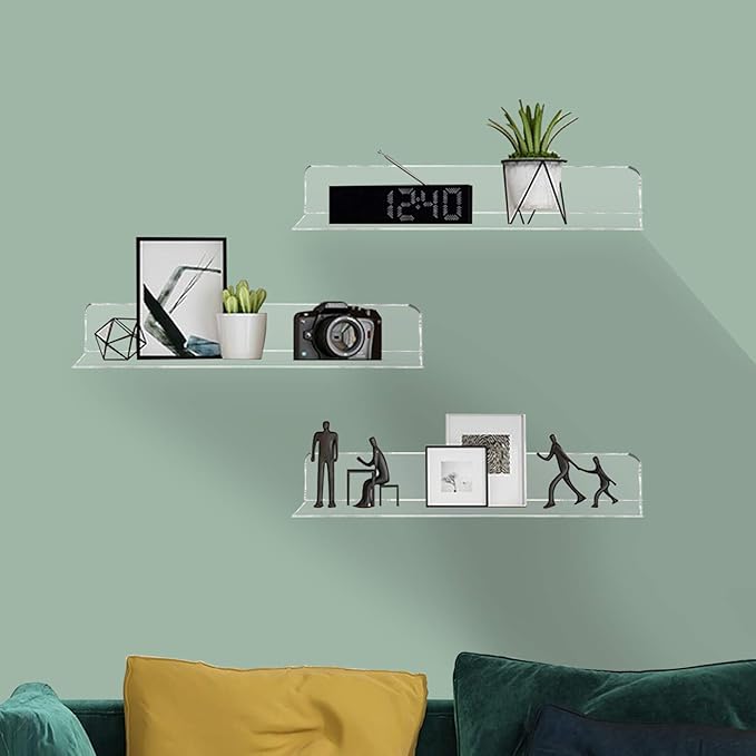 Weiai Clear Acrylic Shelves 12 Inch, Floating Wall Mounted Shelf for Wall Storage, Set of 4